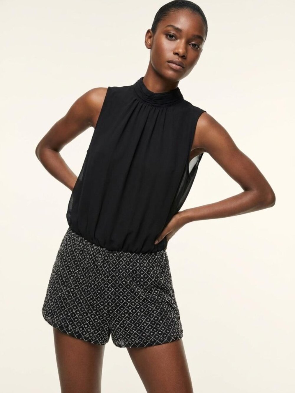 NWT Zara Trafaluc Black Mock Neck Beaded Romper